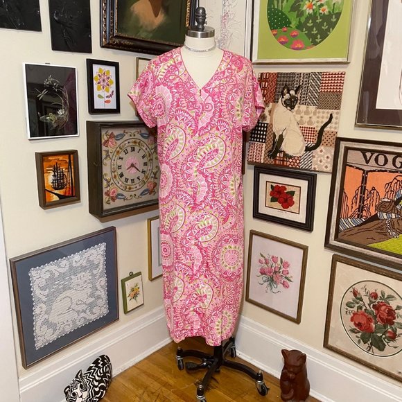 Super Soft Pink Green White V-Neck Short Sleeve Zip Front House Dress Coverup 2X - Picture 1 of 4